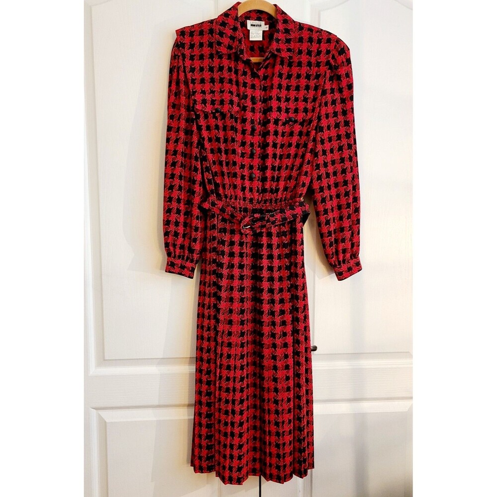 Vintage Leslie Fay 80s Red Black Houndstooth Belted Dress 12 Prairie Farmhouse